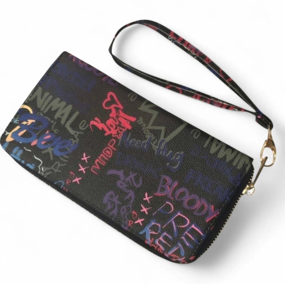 Graffiti‎ Print Zip Around Wallet Wristlet Vegan Leather NEW